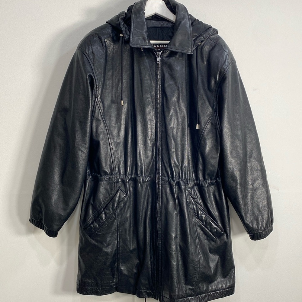 Wilson's‎ Vintage Hooded Leather Jacket Quilted Size Medium Oversized Black